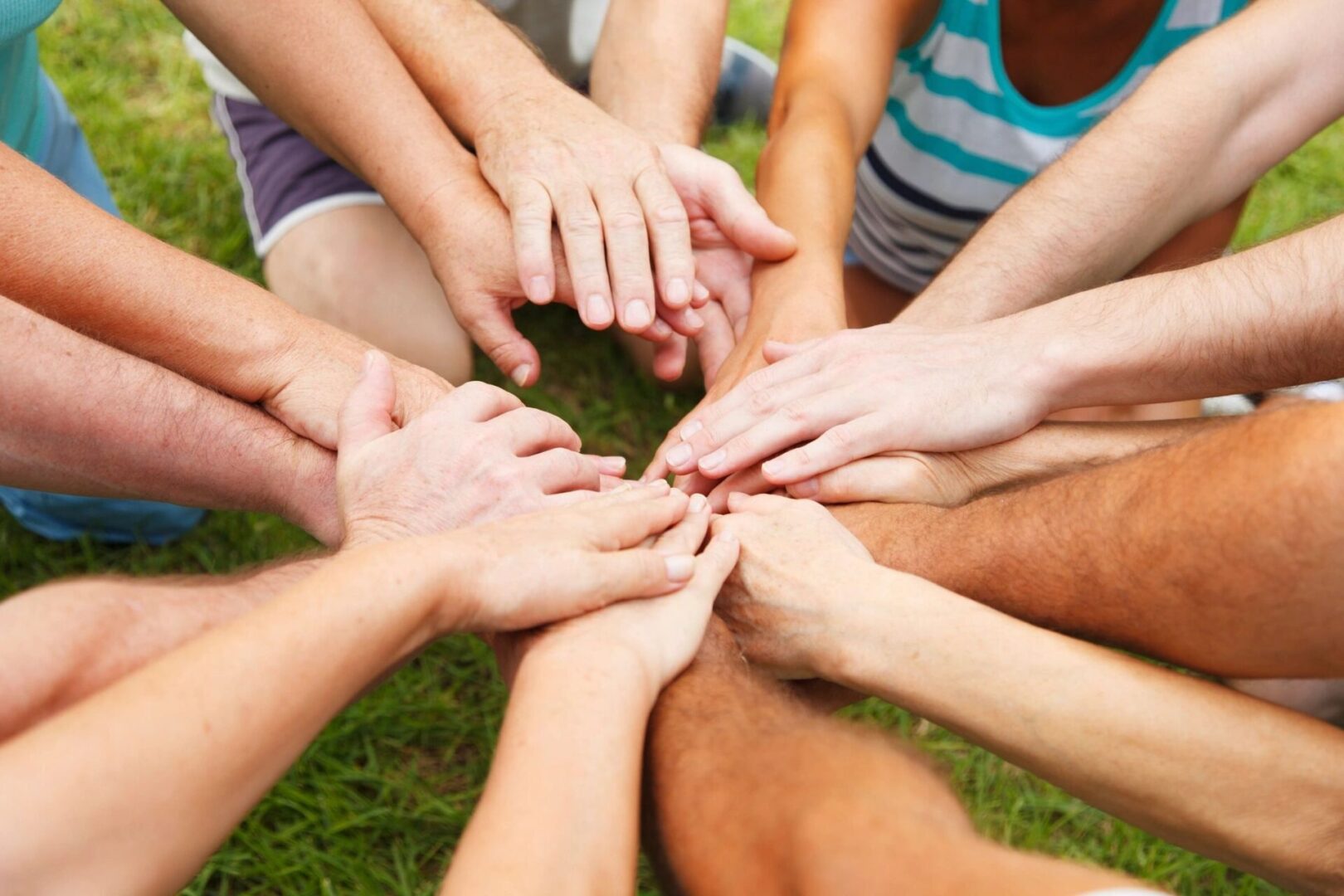 A group of people holding hands in the grass.